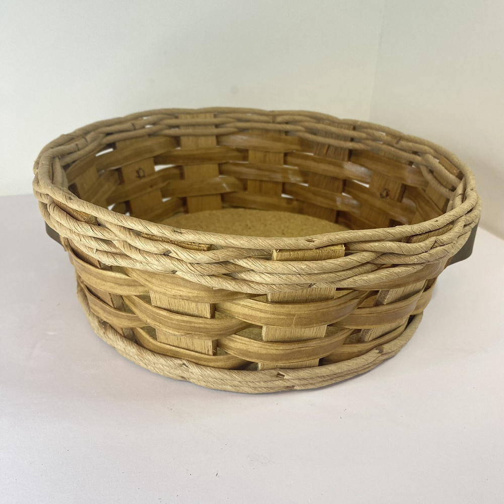Vintage Pyrex Casserole Dish Holder Wicker Round Basket Leather Handles